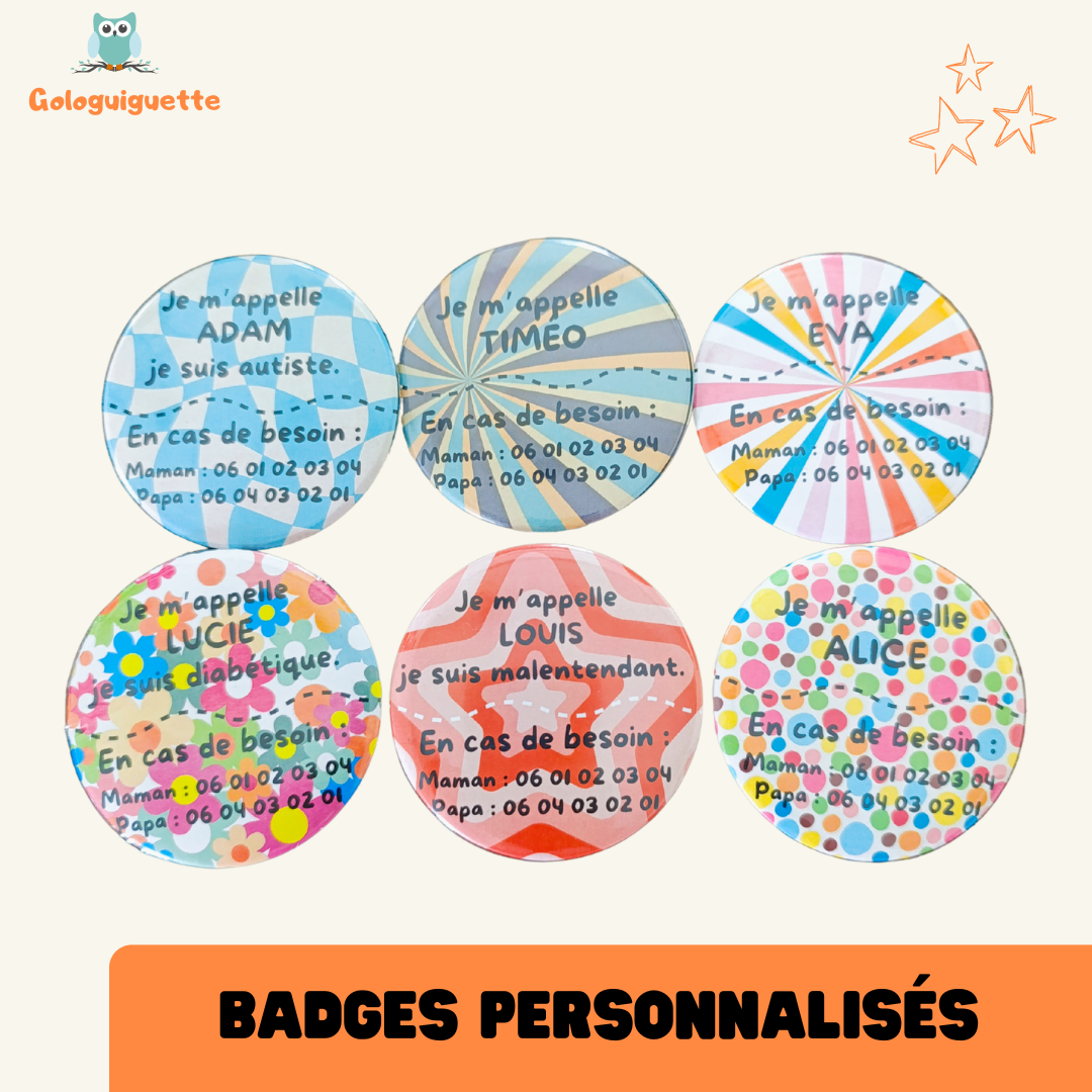 Badges personnalisées alerte enfant